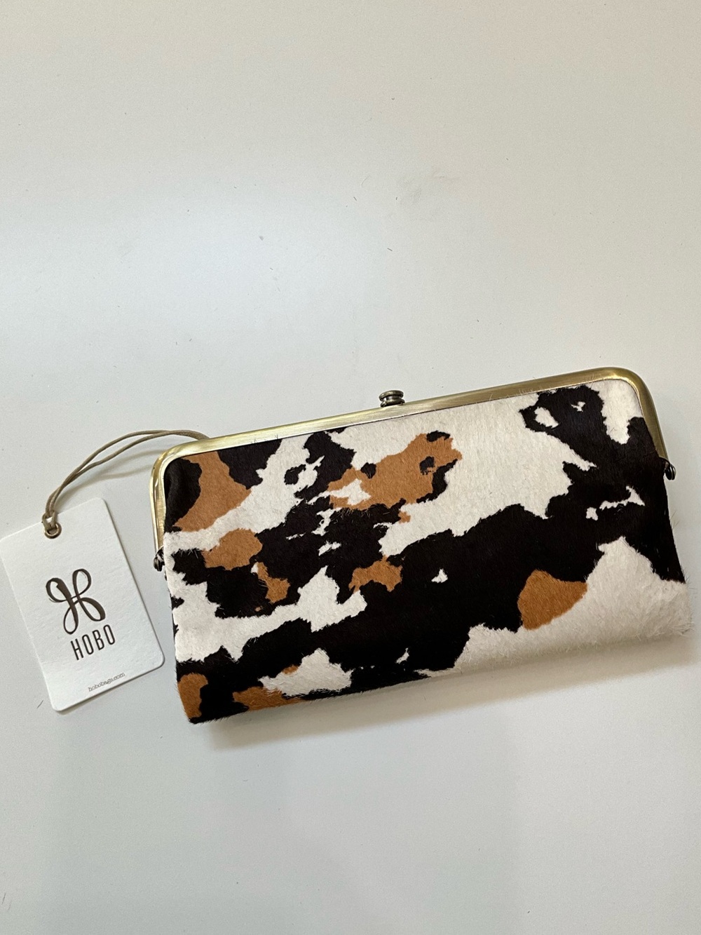 HOBO Lauren Cow Print Haircalf Leather Frame Kiss Lock Clutch NWT - Picture 2 of 13